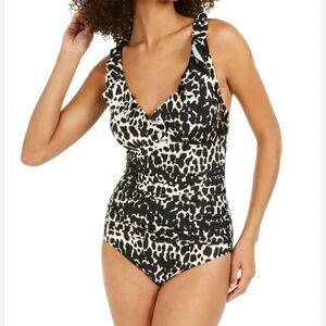 Dkny Women's Printed Ruffled Underwire TummyControl One-Piece Swimsuit 14